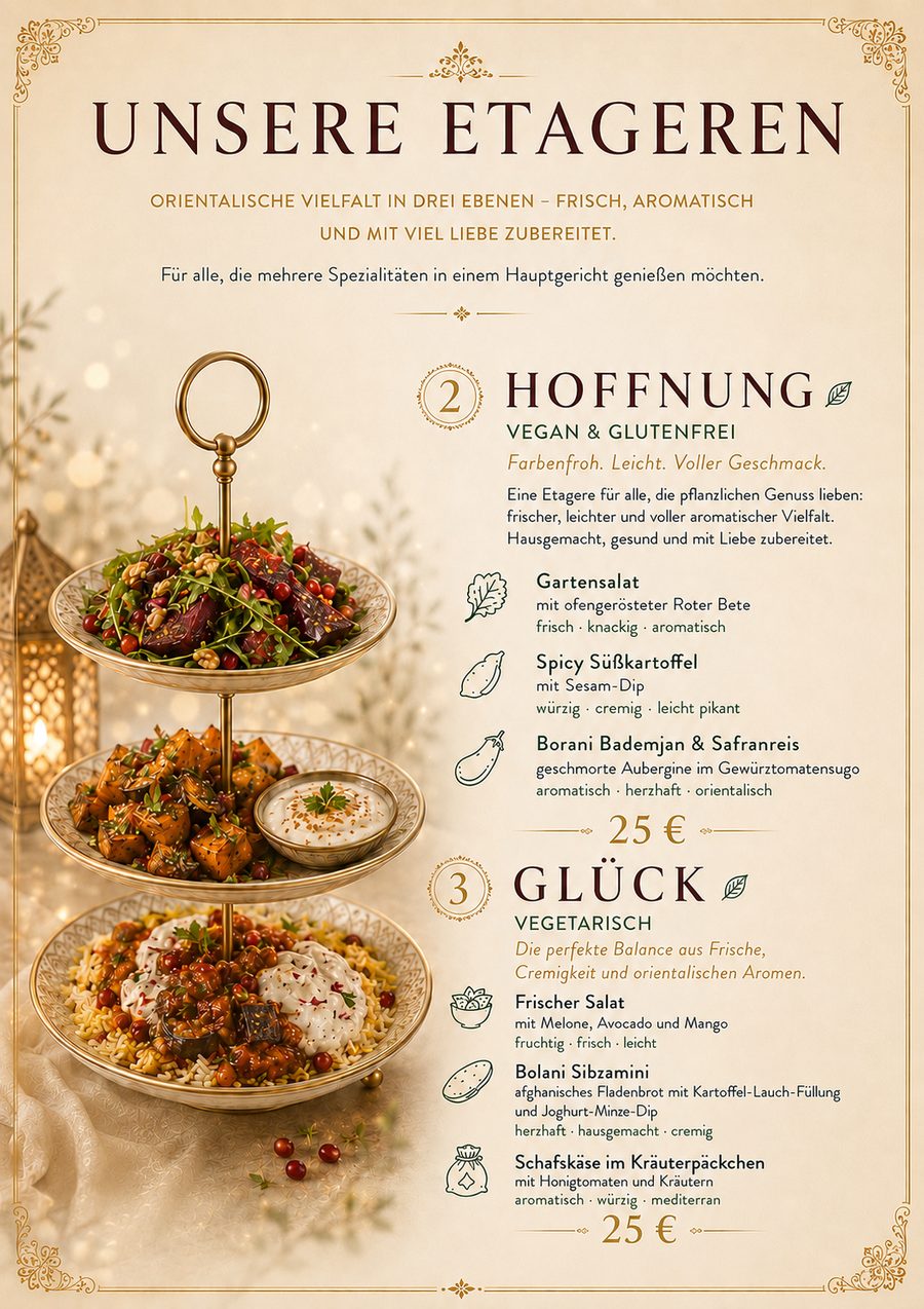 Unsere Etageren – Hoffnung & Glück – Speisekarte des Restaurant Luisengarten