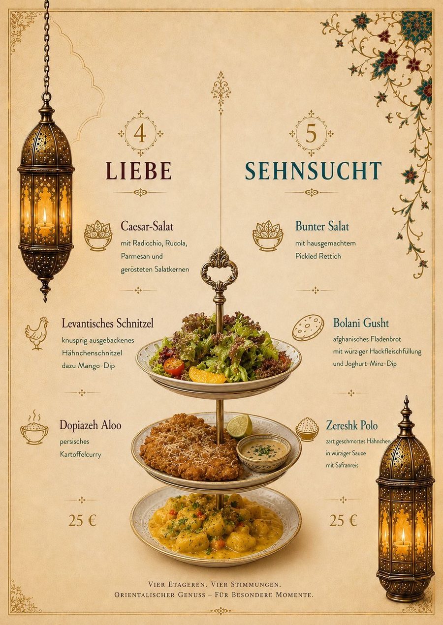 Unsere Etageren – Liebe & Sehnsucht – Speisekarte des Restaurant Luisengarten